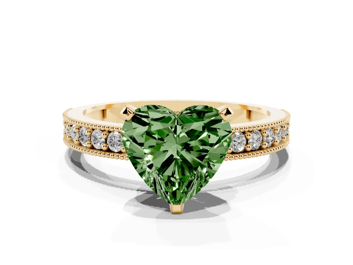 Fancy Green Heart Cut Diamond Milgrain Pavé Engagement Ring with Four-Prong Setting Yellow gold
