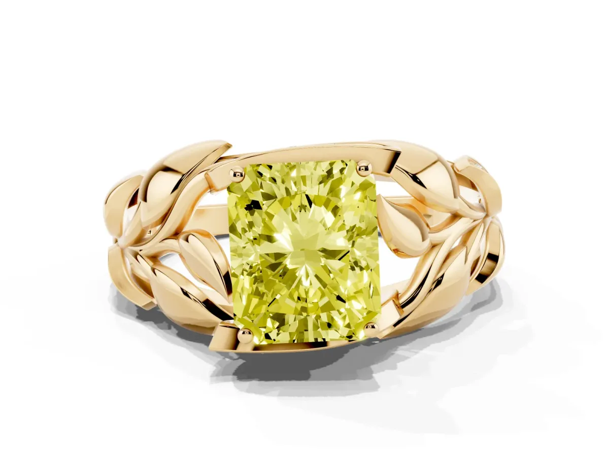 Fancy Yellow Radiant Cut Diamond Leaf-Inspired Engagement Ring with Round Accents and Prong Setting Yellow gold