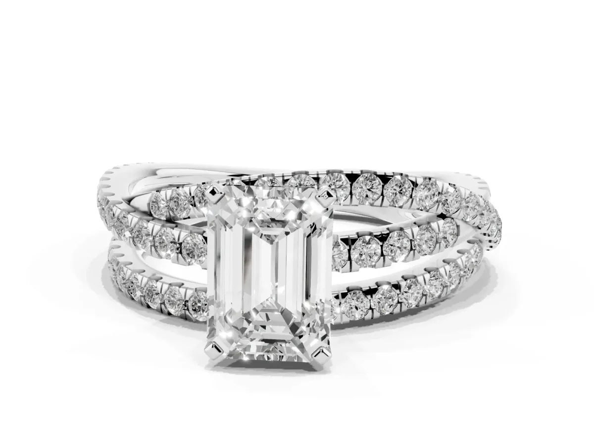 Emerald Cut Solitaire Twist Band with Pavé Setting and Four-Prong Setting Silver