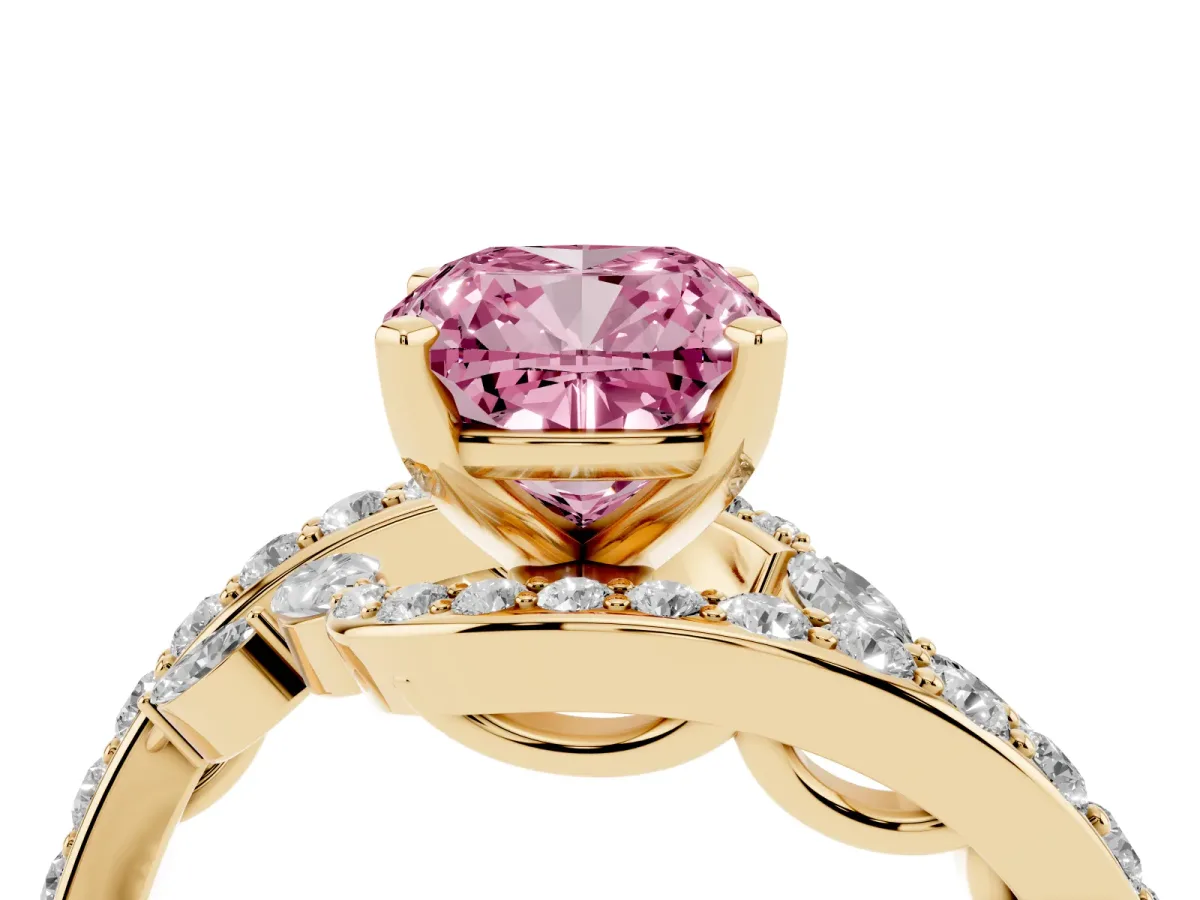 Fancy Pink Cushion Cut Diamond Solitaire Ring with Filigree Band and Four-Prong Setting Yellow gold