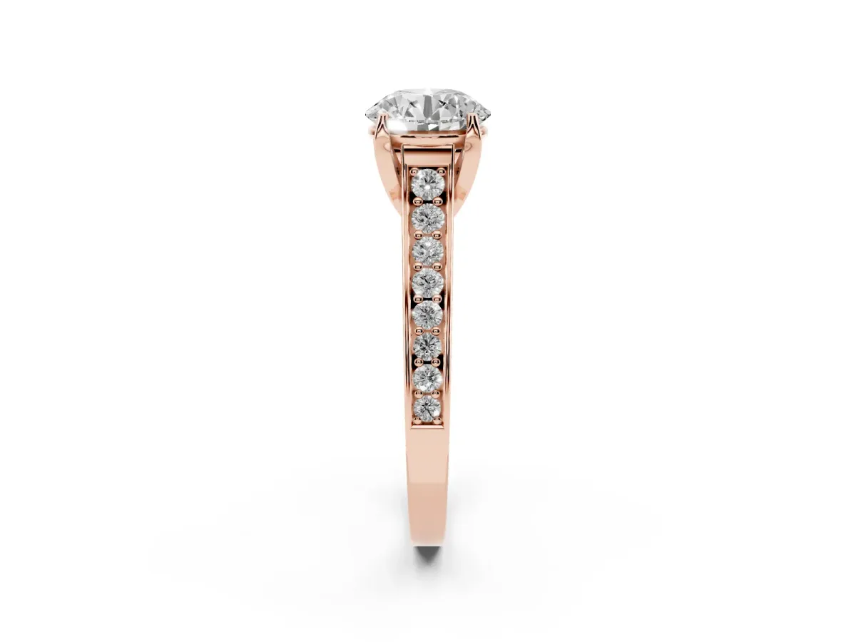 Round Cut Brilliant Cut Diamond Engagement Ring with Pavé Band and Four-Prong Setting Rose gold
