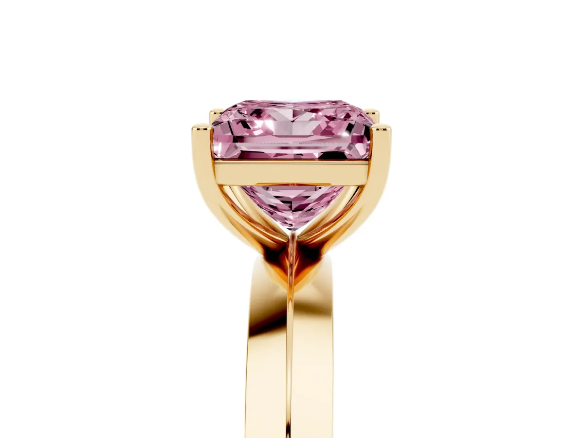 Fancy Pink Princess Cut Cut Solitaire Engagement Ring with Flat Band and Four-Prong Setting Yellow gold