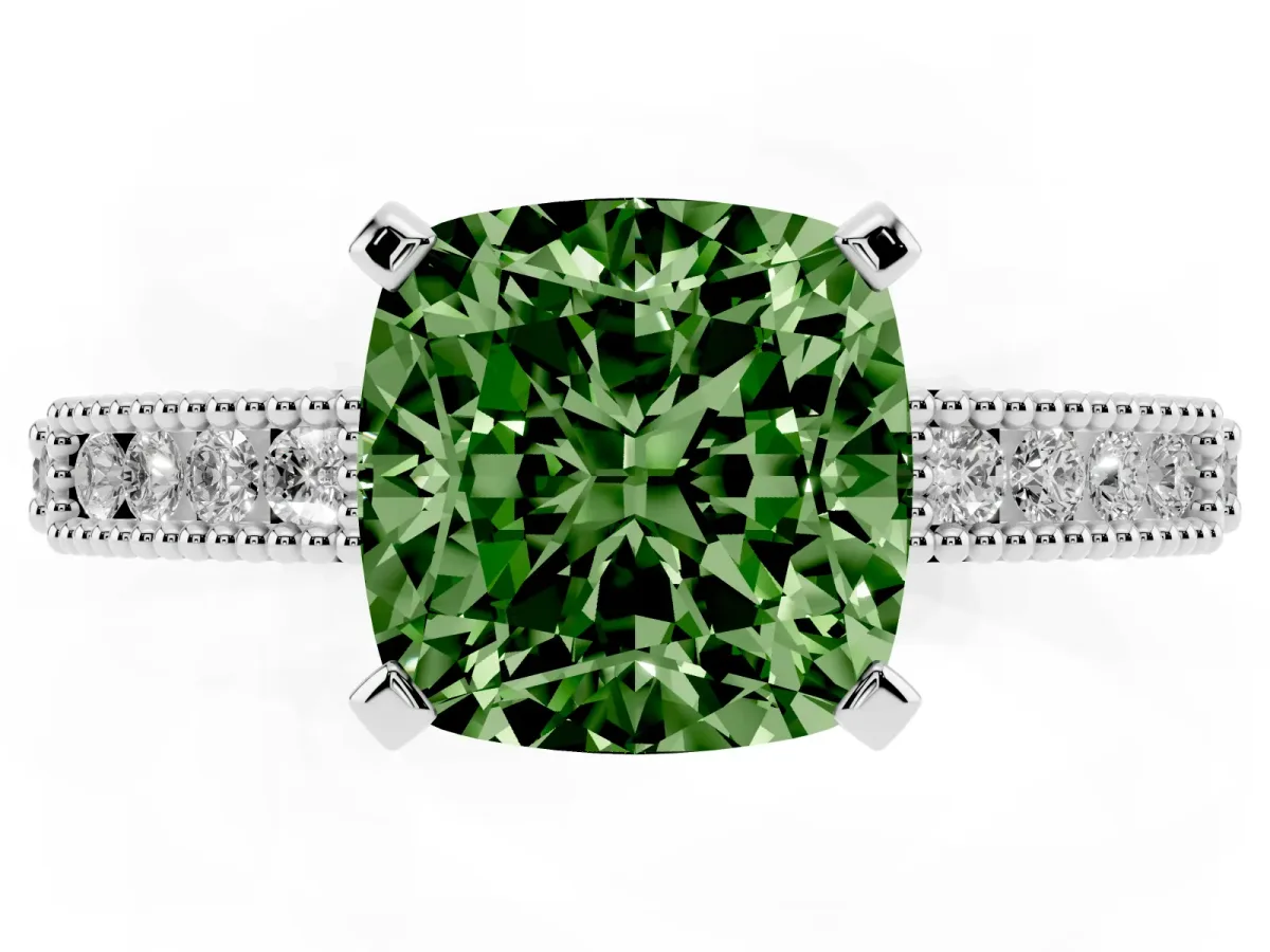 Fancy Green Cushion Cut Solitaire with Pavé Band and Four-Prong Setting Silver