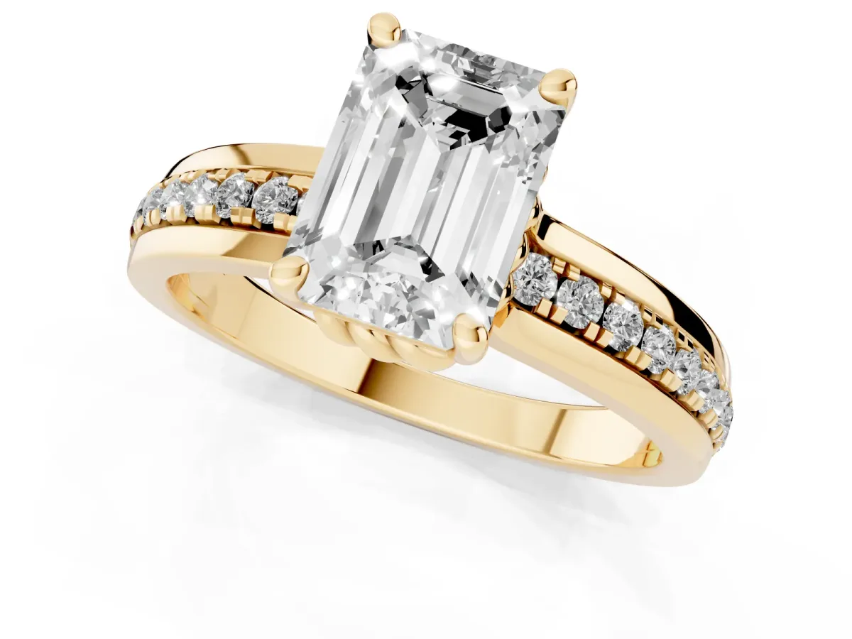 Emerald Cut Solitaire Diamond Ring with Channel Set Band and Six-Prong Setting Yellow gold