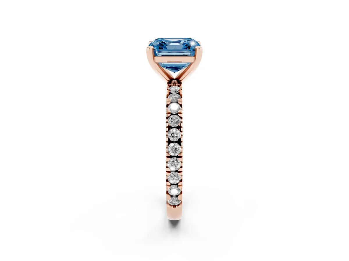 Fancy Blue Asscher Cut Diamond Pavé Band Solitaire with Four-Prong Setting Rose gold