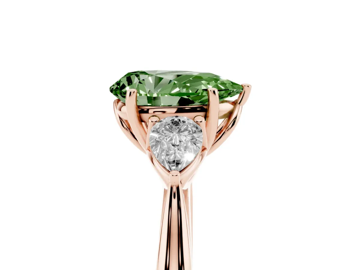 Fancy Green Three-Stone Pear Cut Diamond Ring with Pear Side Stones in Four-Prong Setting Rose gold