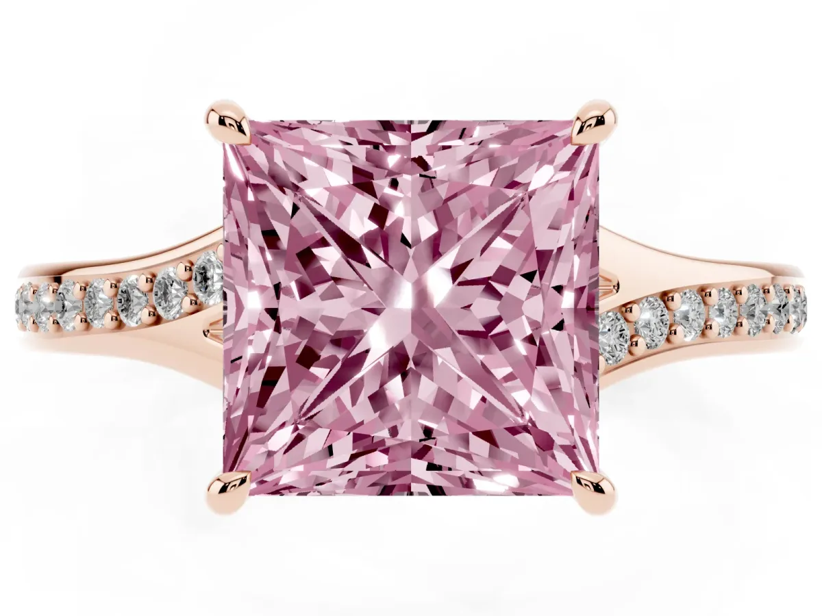 Fancy Pink Princess Cut Diamond Solitaire Ring with Pavé Band and Prong Setting Rose gold