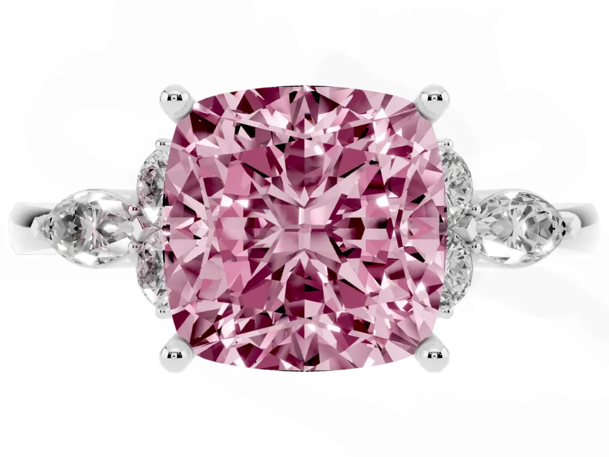 Fancy Pink Cushion Cut Brilliant Diamond Solitaire Ring with Pear Side Stones and Four-Prong Setting Silver