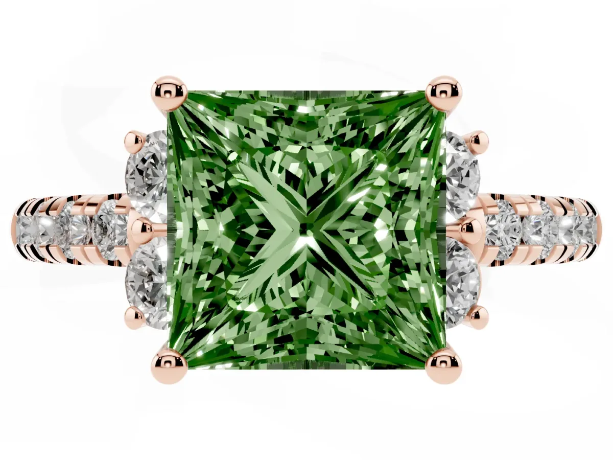 Fancy Green Princess Cut Diamond Three-Stone Pave Band with Four-Prong Setting Rose gold