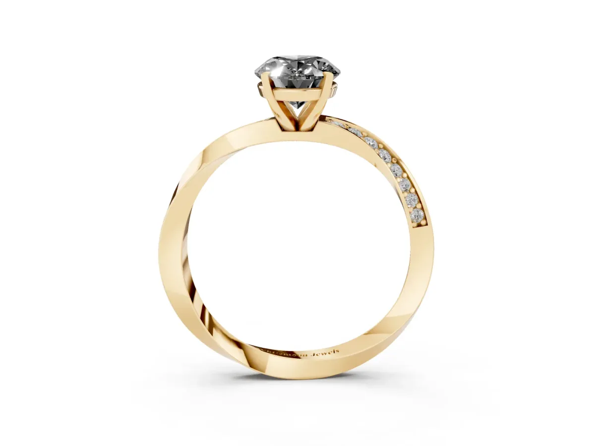 Fancy Black Oval Cut Diamond Engagement Ring with Side Stone Accents and Four-Prong Setting Yellow gold