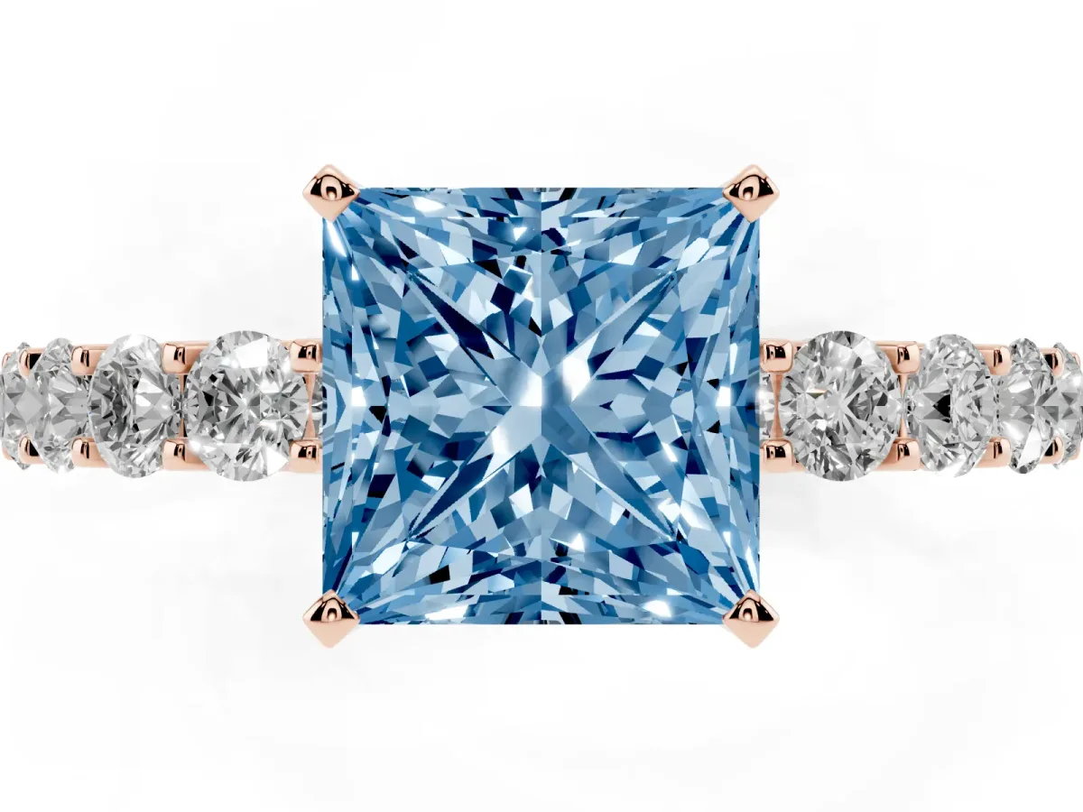 Fancy Blue Princess Cut Diamond Solitaire Ring with Shared Prong Pavé Band and Four-Prong Setting Rose gold
