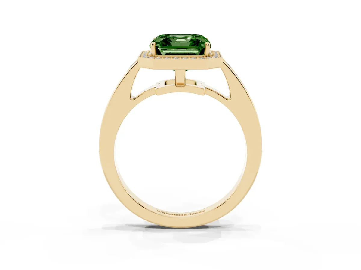 Fancy Green Asscher Cut Halo Pavé Diamond Engagement Ring with Bezel Setting Yellow gold