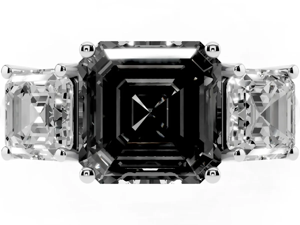 Fancy Black Three-Stone Asscher Cut Diamond Engagement Ring with Prong Setting Platinum