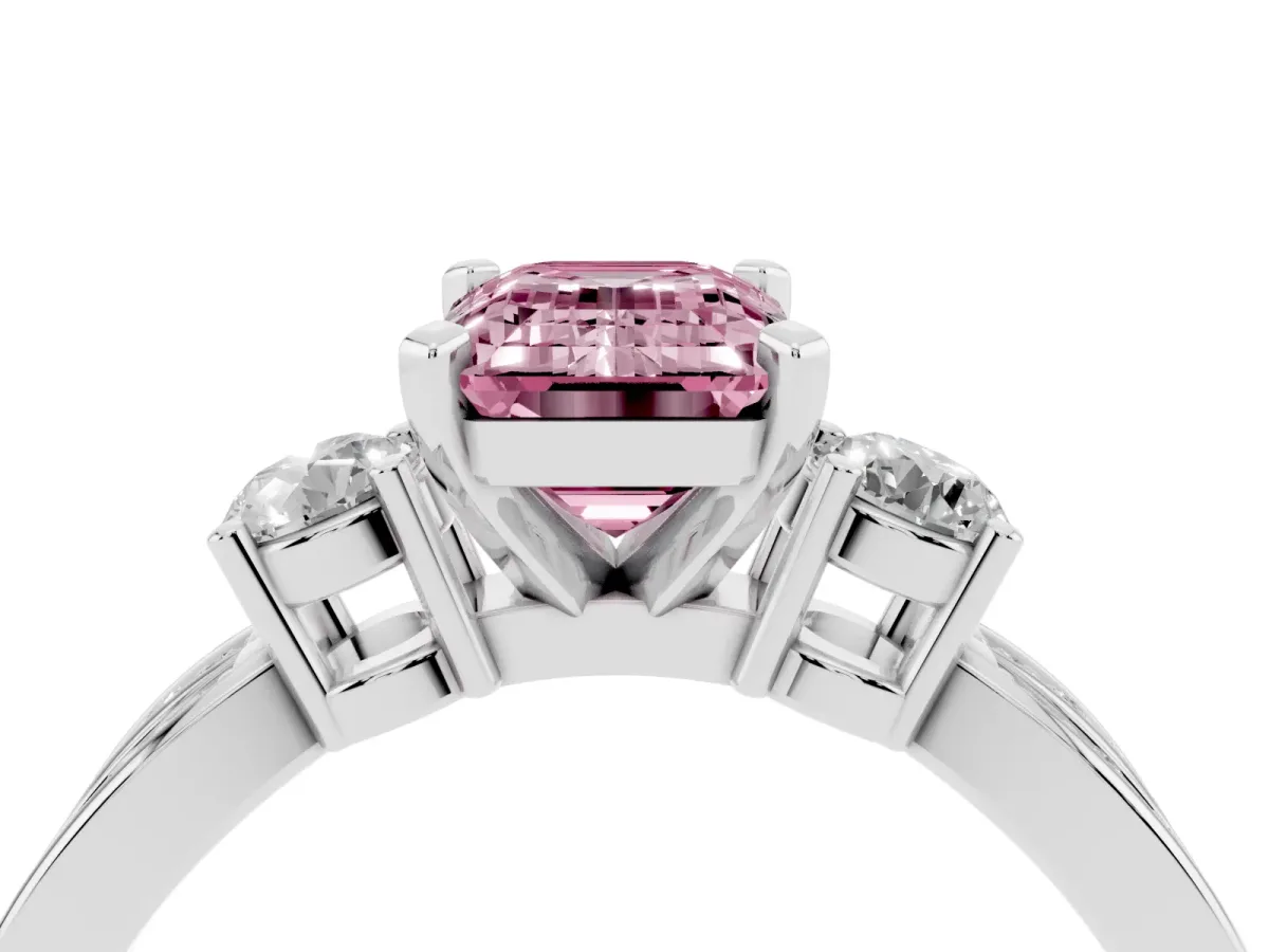 Fancy Pink Three-Stone Emerald Cut Cut Diamond Twist Band with Prong Setting Platinum