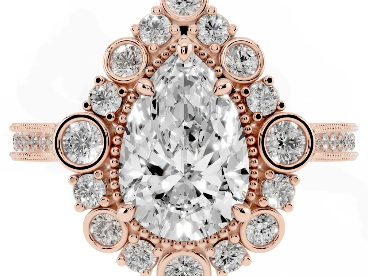 Pear Cut Halo Milgrain Pave Diamond Ring with Four-Prong Setting Rose gold