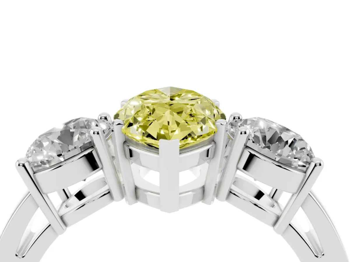 Fancy Yellow Three-Stone Marquise Cut Diamond Ring with Round Side Stones, Classic Band, and Four-Prong Setting White gold