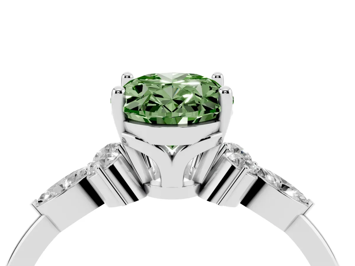 Fancy Green Oval Cut Brilliant Diamond Solitaire Ring with Pear Side Stones and Four-Prong Setting Platinum