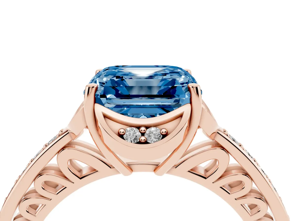 Fancy Blue Asscher Cut Cut Halo Diamond Ring with Channel Set Band and Four-Prong Setting Rose gold
