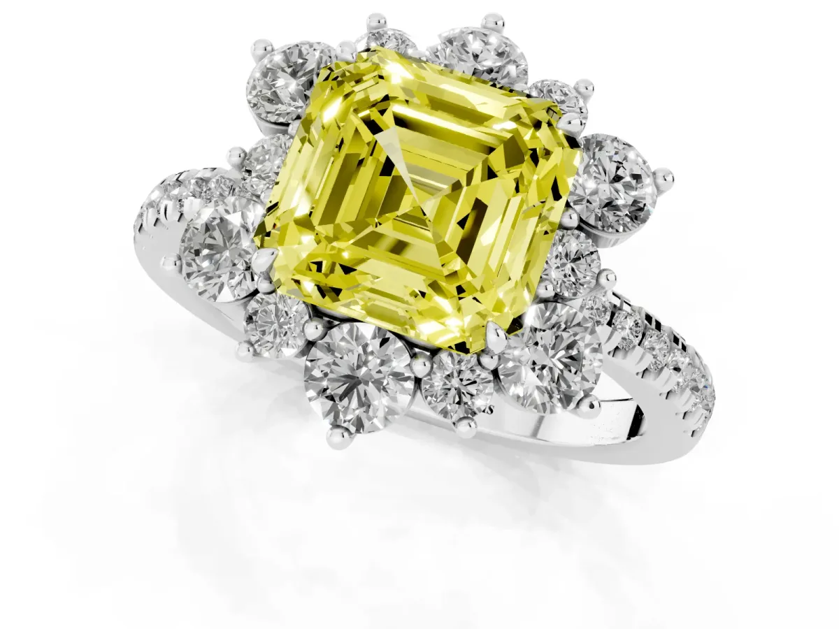 Fancy Yellow Asscher Cut Diamond Floral Halo Ring with Round Pavé Band and Prong Setting White gold