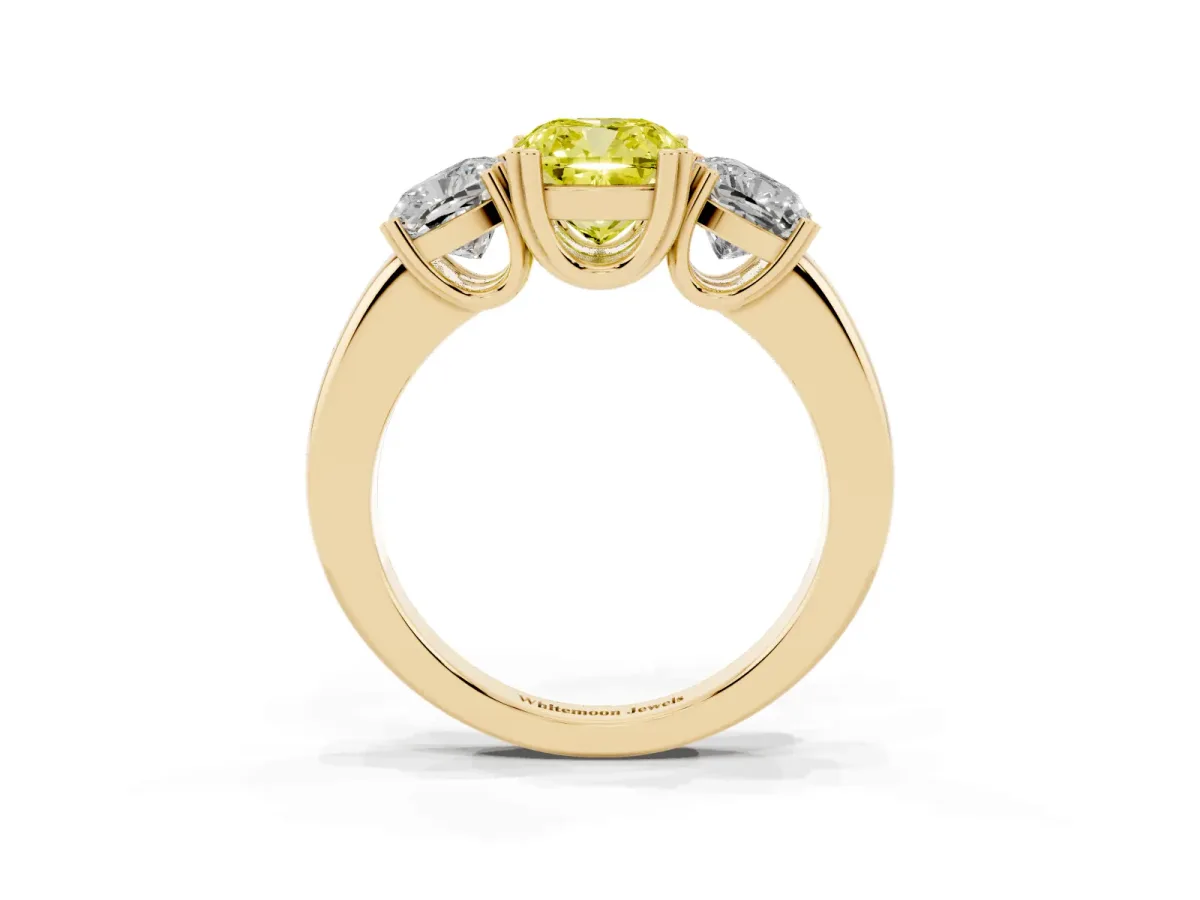 Fancy Yellow Three-Stone Cushion Cut Cut Diamond Ring with Channel Set Band and Four-Prong Setting Yellow gold