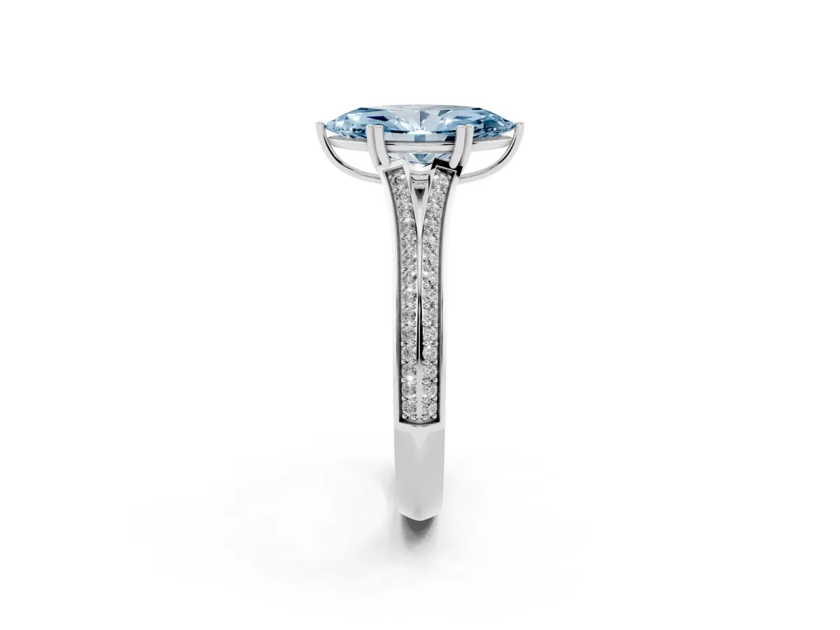 Fancy Blue Marquise Cut Diamond Split Shank Engagement Ring with Pavé Band Silver