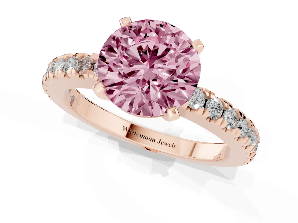 Fancy Pink Round Cut Solitaire Diamond with Pavé Band and Four-Prong Setting Rose gold
