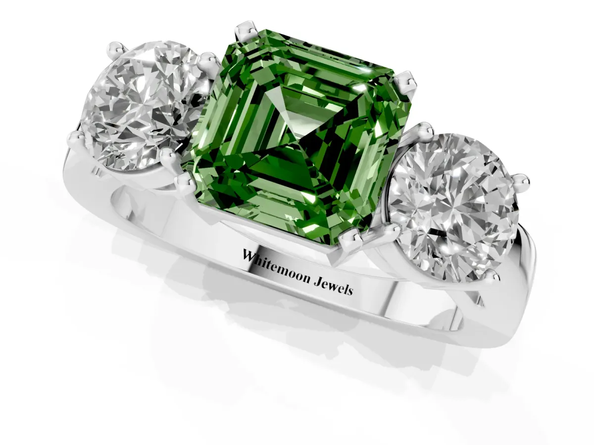 Fancy Green Three-Stone Asscher Cut Diamond Ring with Round Side Stones, Classic Band, and Four-Prong Setting Platinum