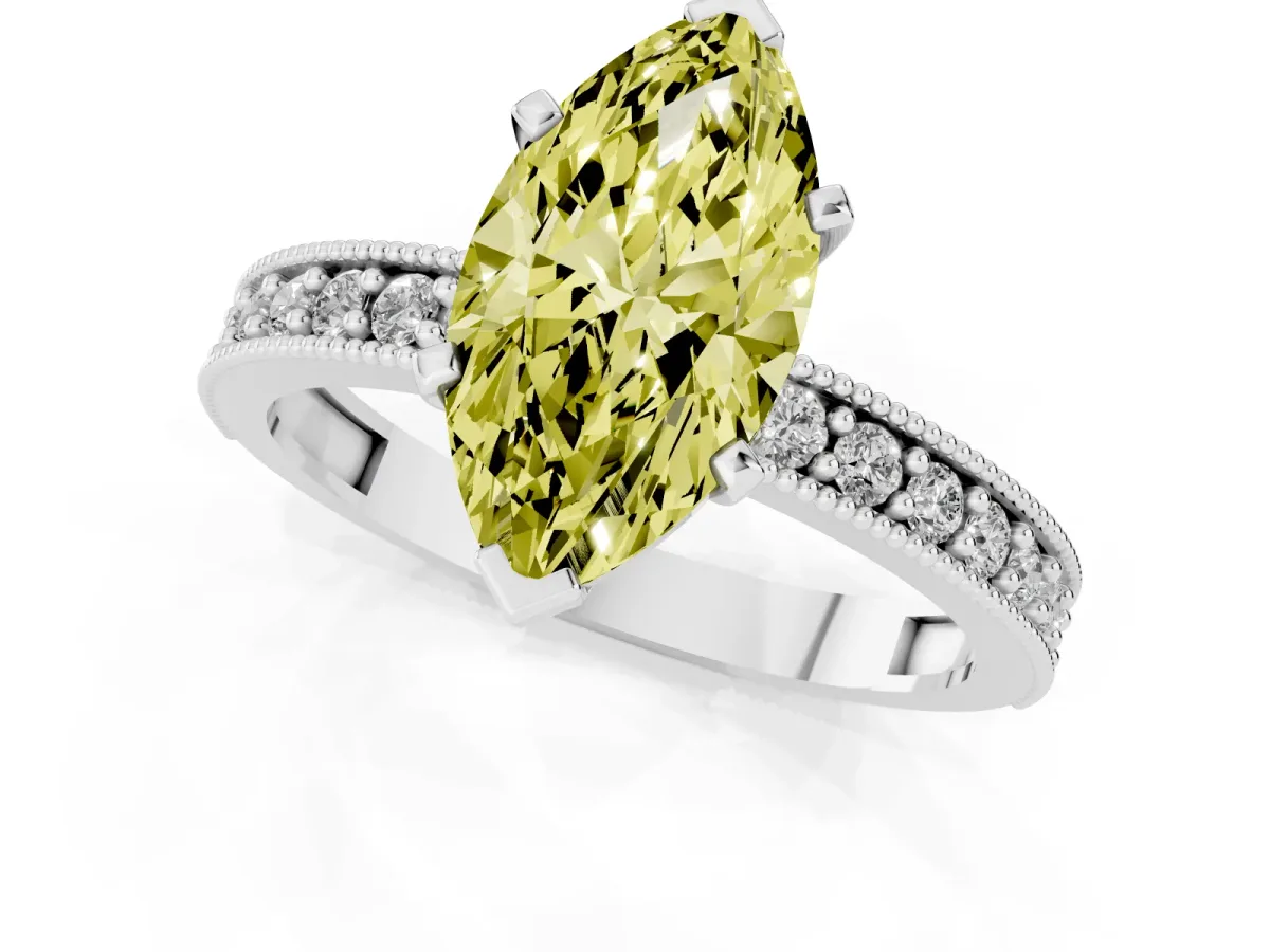 Fancy Yellow Marquise Cut Diamond Milgrain Pavé Engagement Ring with Four-Prong Setting Silver