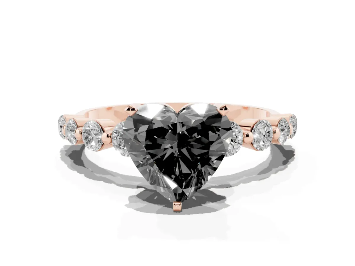 Fancy Black Heart Cut Solitaire Diamond Ring with Pave Band and Four-Prong Setting Rose gold