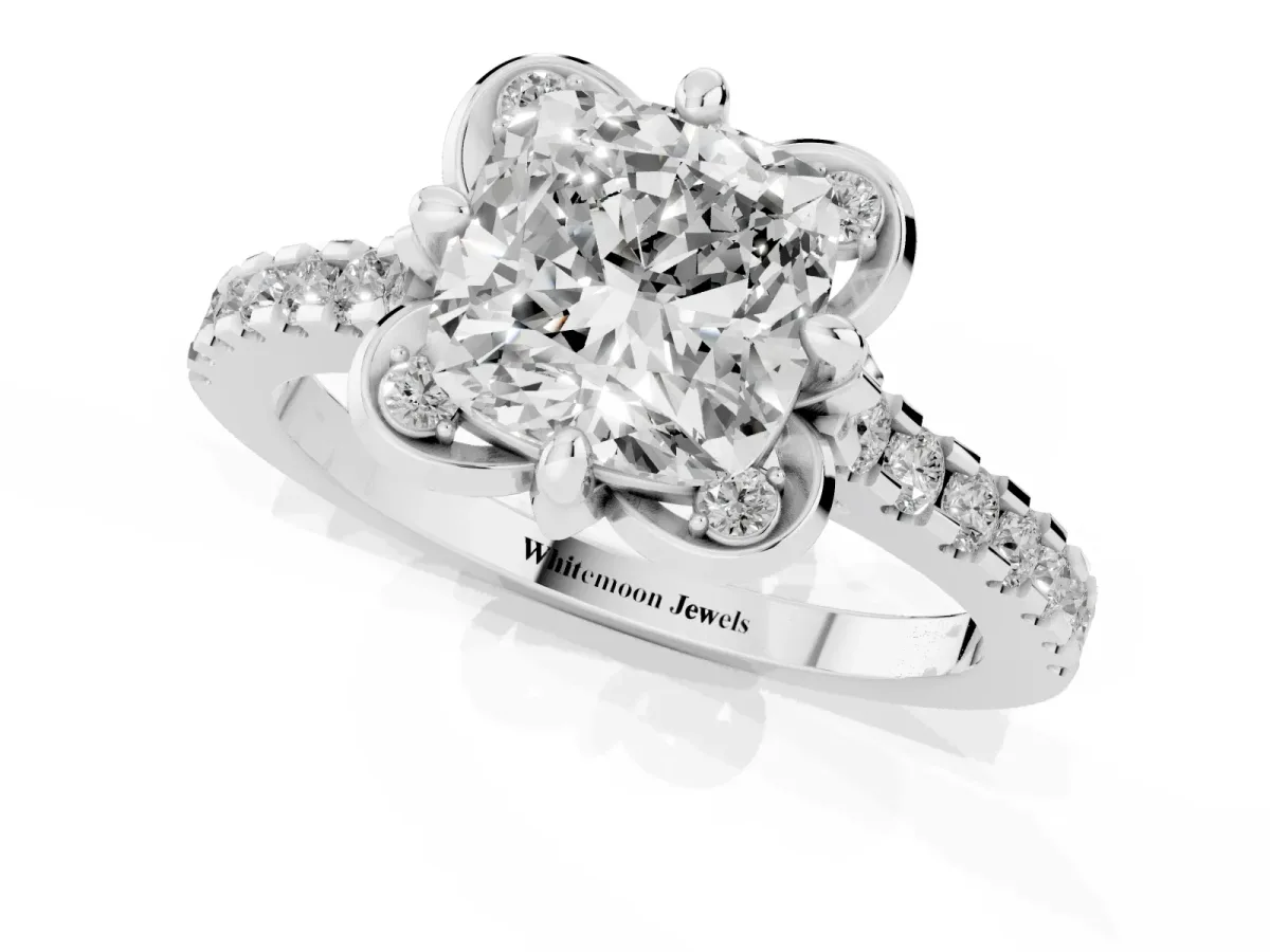 Cushion Cut Diamond Ring with Pavé Band and Floral Prong Setting Silver