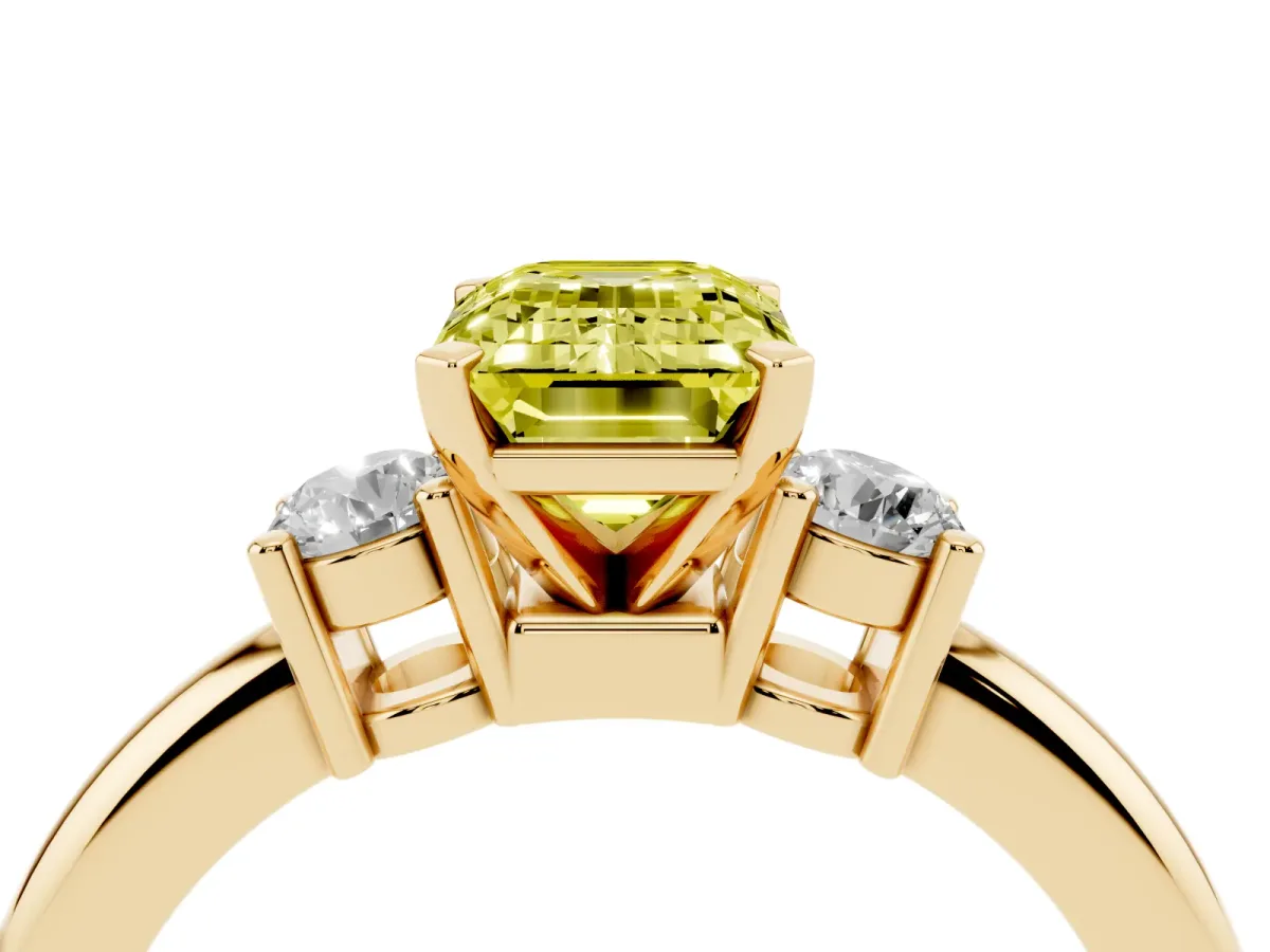 Fancy Yellow Three-Stone Emerald Cut Cut Diamond Solitaire with Prong Setting and Classic Band Yellow gold