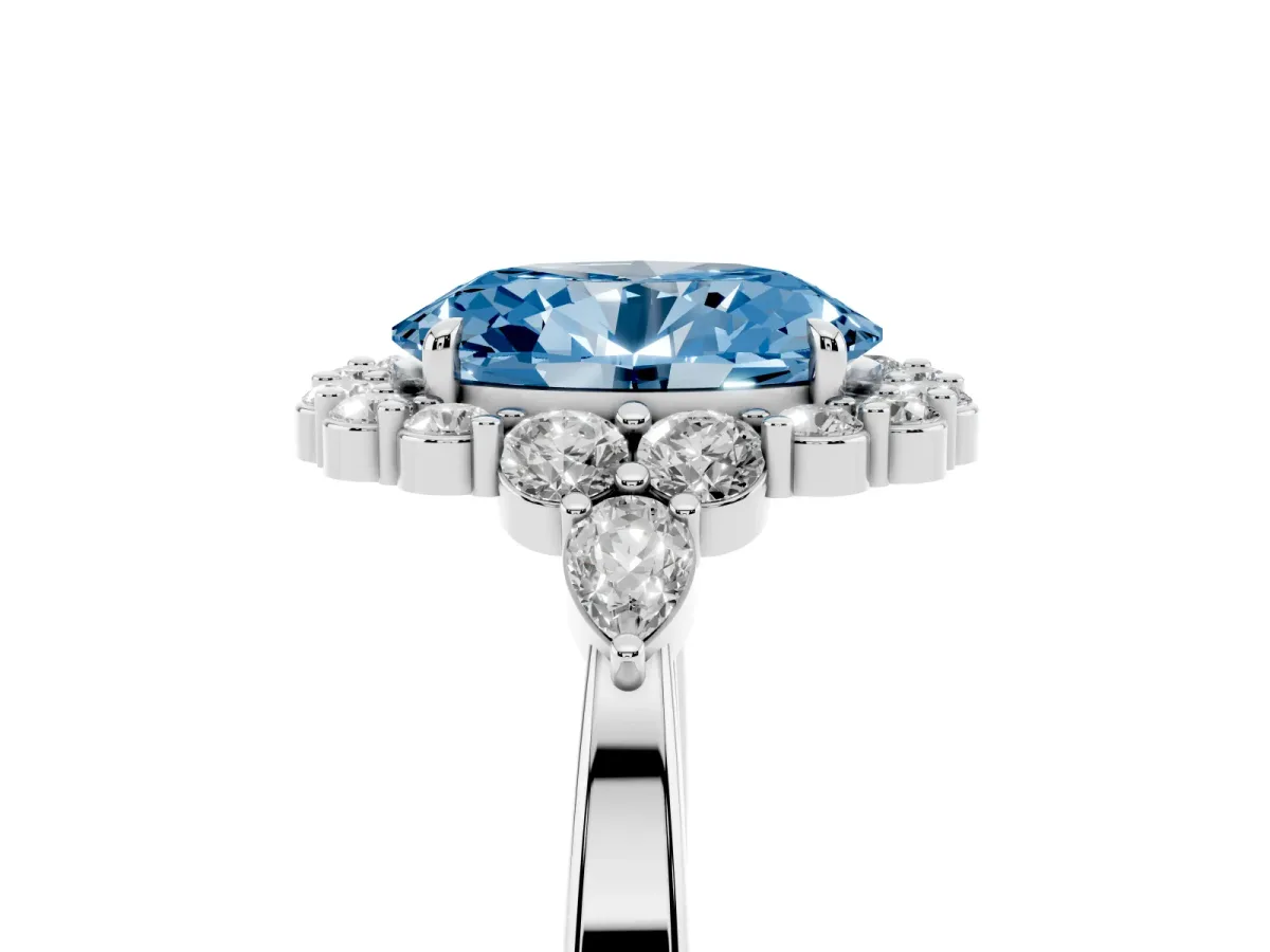 Fancy Blue Oval Cut Diamond Halo Ring with Pear Side Stones and Prong Setting Silver