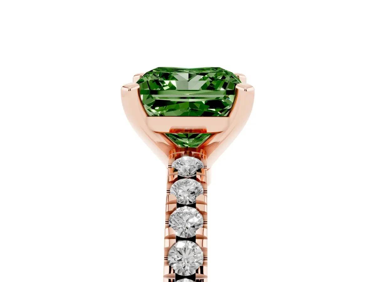 Fancy Green Princess Cut Solitaire Diamond with Pavé Band and Four-Prong Setting Rose gold
