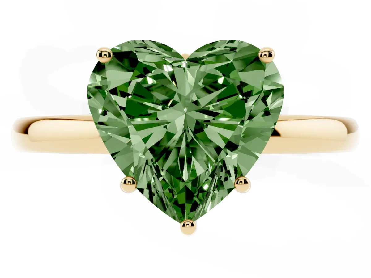 Fancy Green Heart Cut Solitaire Diamond Ring with Prong Setting and Plain Band Yellow gold