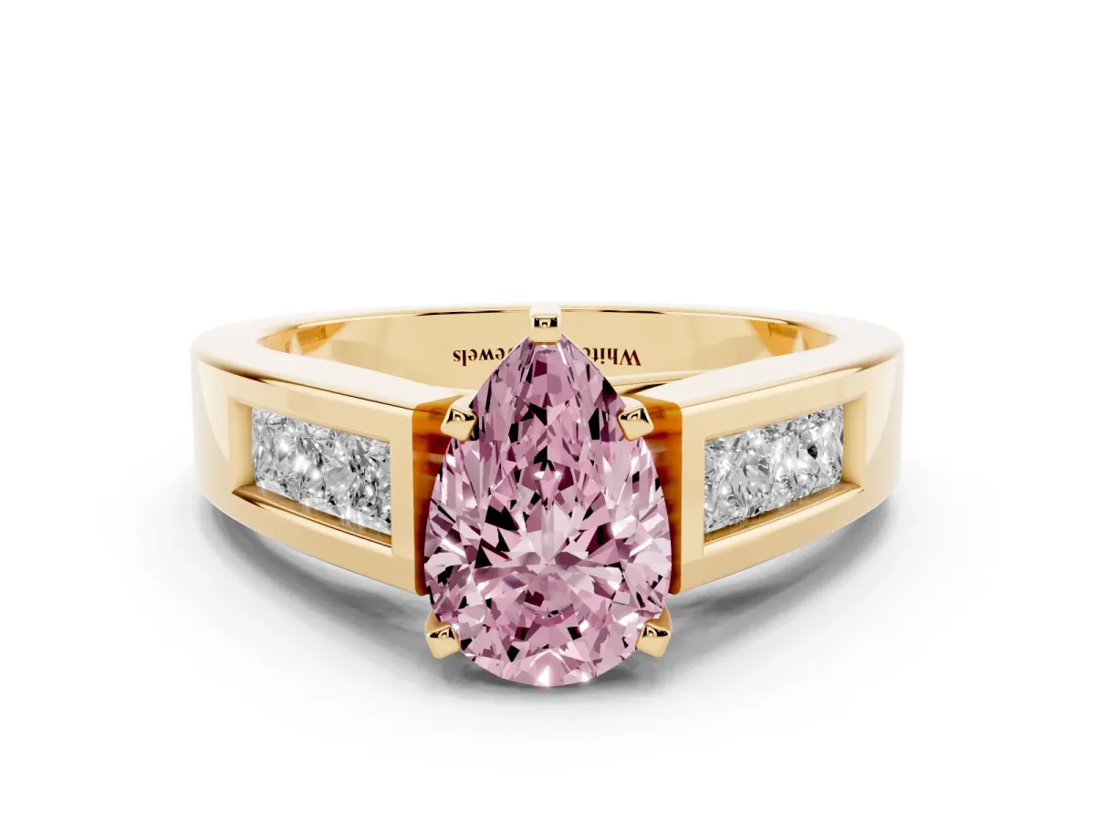 Fancy Pink Pear Cut Cut Channel Set Solitaire Ring with Four-Prong Setting Yellow gold