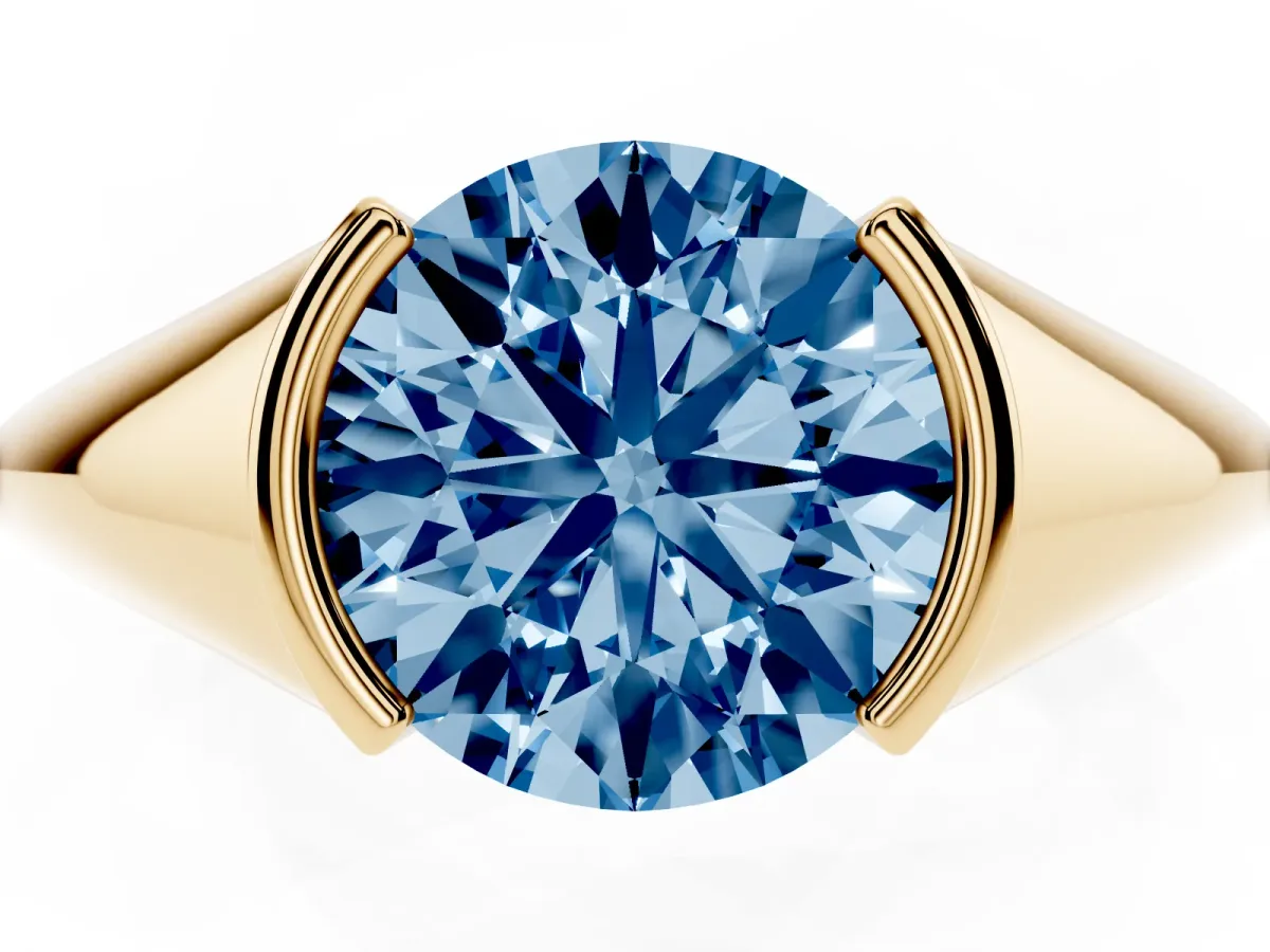 Fancy Blue Round Cut Solitaire Tension Set Diamond Ring Yellow gold