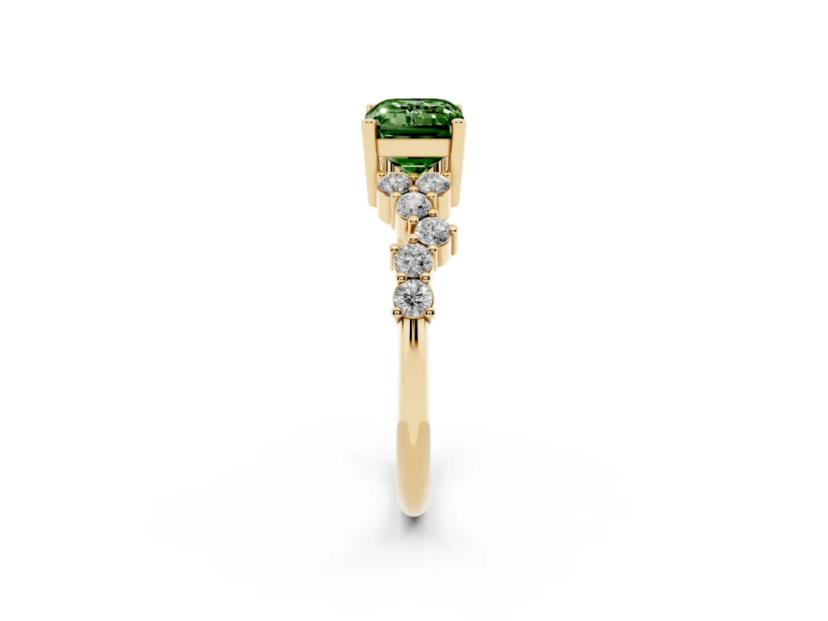 Fancy Green Emerald Cut Diamond Scattered Round Accent Ring with Prong Setting Yellow gold