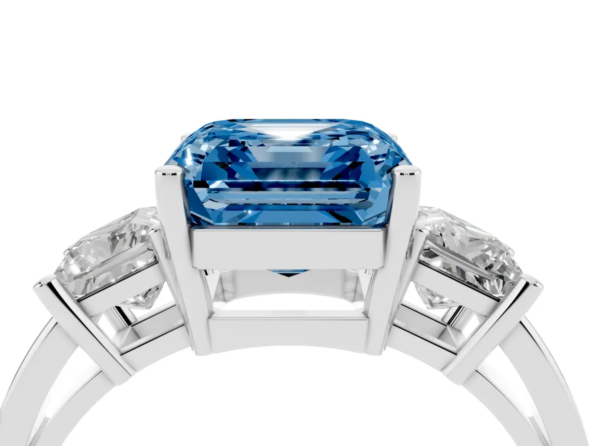Fancy Blue Three-Stone Asscher Cut Cut Solitaire Ring with Prong Setting Platinum