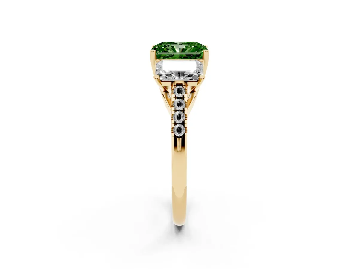Fancy Green Three-Stone Radiant Cut Diamond Ring with Round Pavé Band and Prong Setting Yellow gold