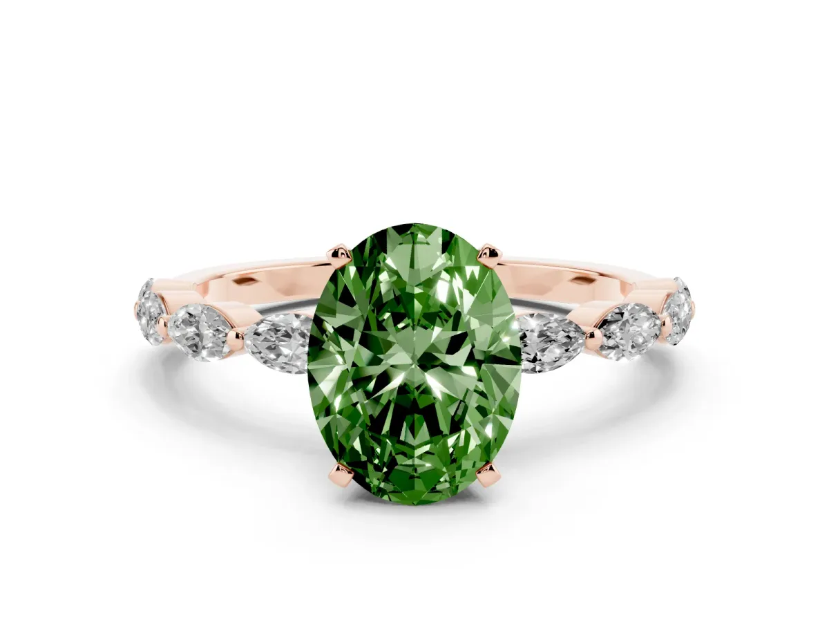 Fancy Green Oval Cut Diamond Ring with Marquise Side Stones and Prong Setting Rose gold