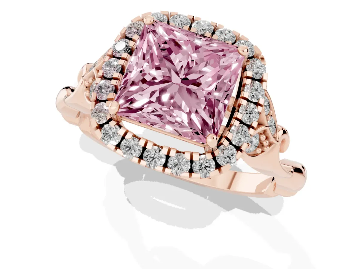 Fancy Pink Princess Cut Halo Diamond Engagement Ring with Vintage-Inspired Band and Four-Prong Setting Rose gold