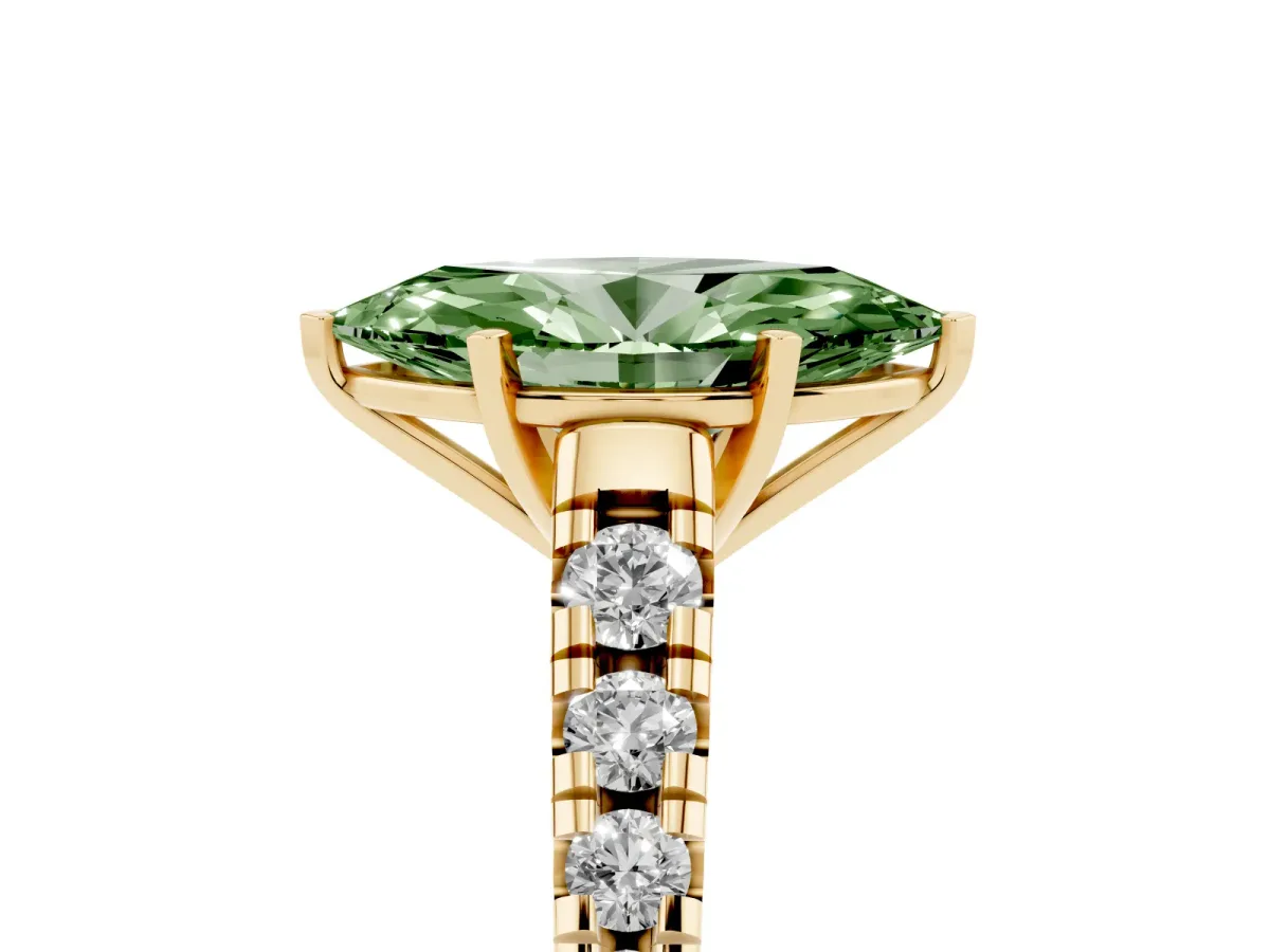 Fancy Green Marquise Cut Diamond Cathedral Solitaire Ring with Round Pavé Band Yellow gold