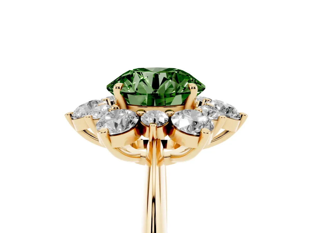Fancy Green Round Cut Diamond Cluster Halo Ring with Solitaire Band and Four-Prong Setting Yellow gold
