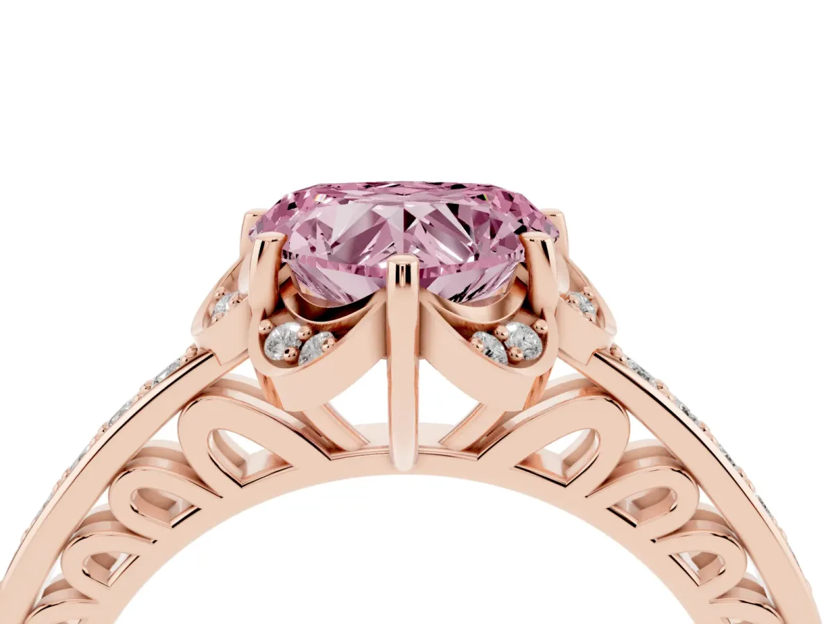 Fancy Pink Heart Cut Cut Halo Diamond Ring with Channel Set Band and Four-Prong Setting Rose gold