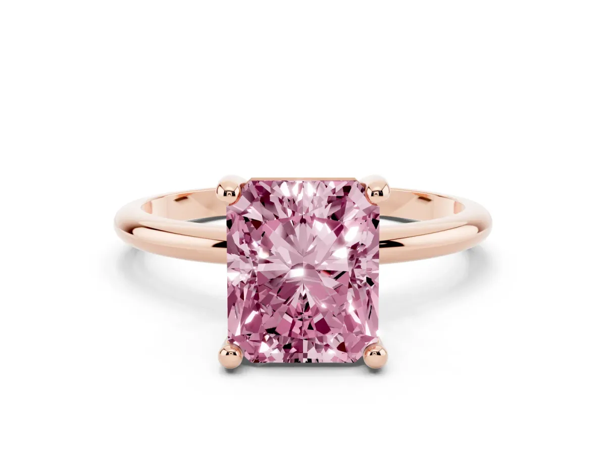 Fancy Pink Radiant Cut Solitaire Diamond Ring with 4-Prong Setting on a Classic Band Rose gold