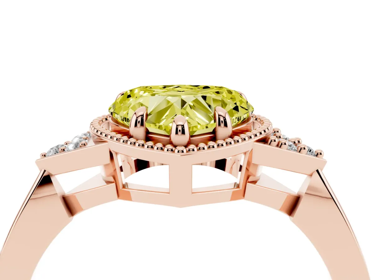Fancy Yellow Hexagonal Halo Heart Cut Diamond Solitaire with Pavé Band and Four-Prong Setting Rose gold