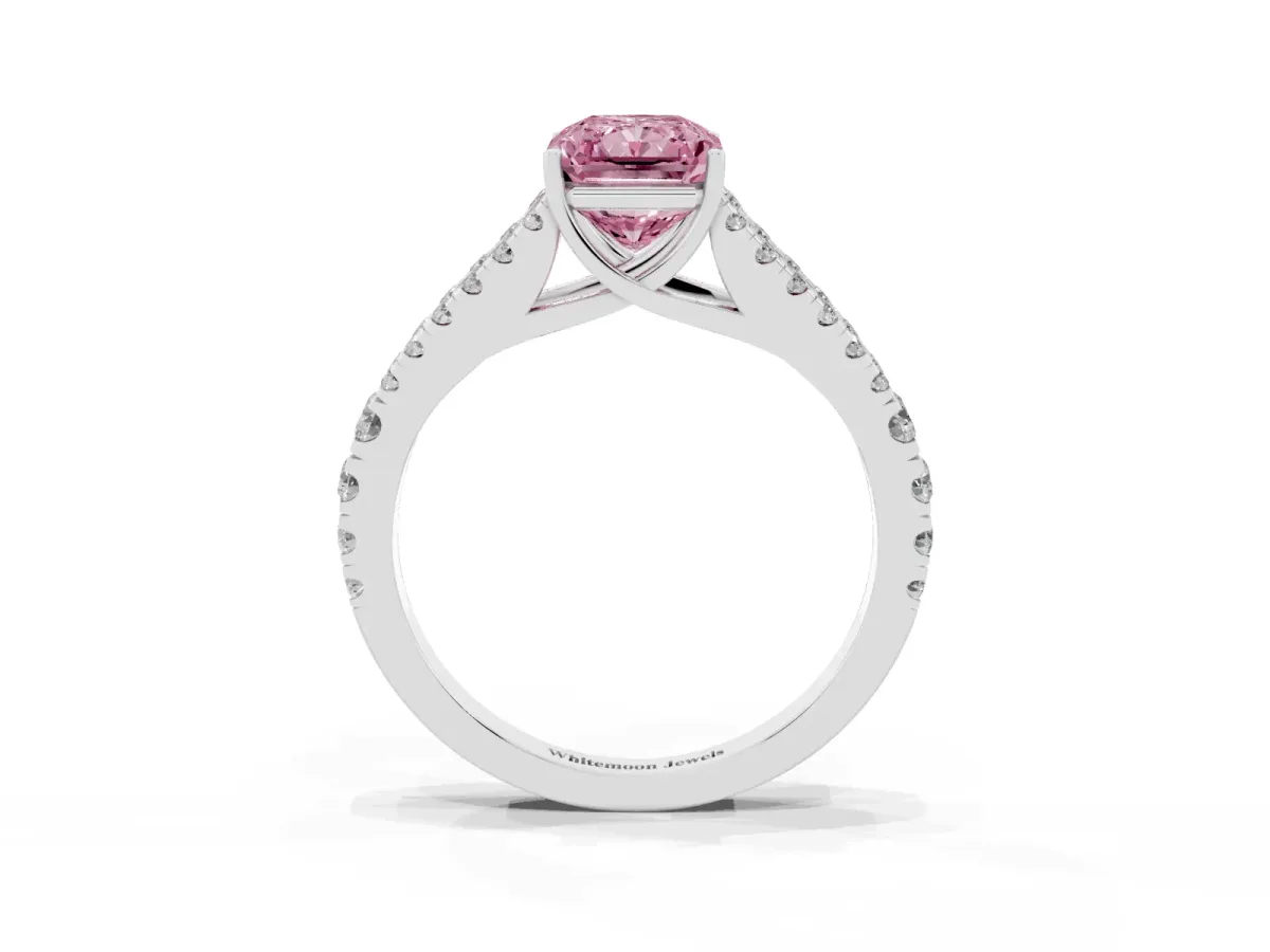 Fancy Pink Radiant Cut Diamond Split Shank Engagement Ring with Round Pavé and Prong Setting Silver