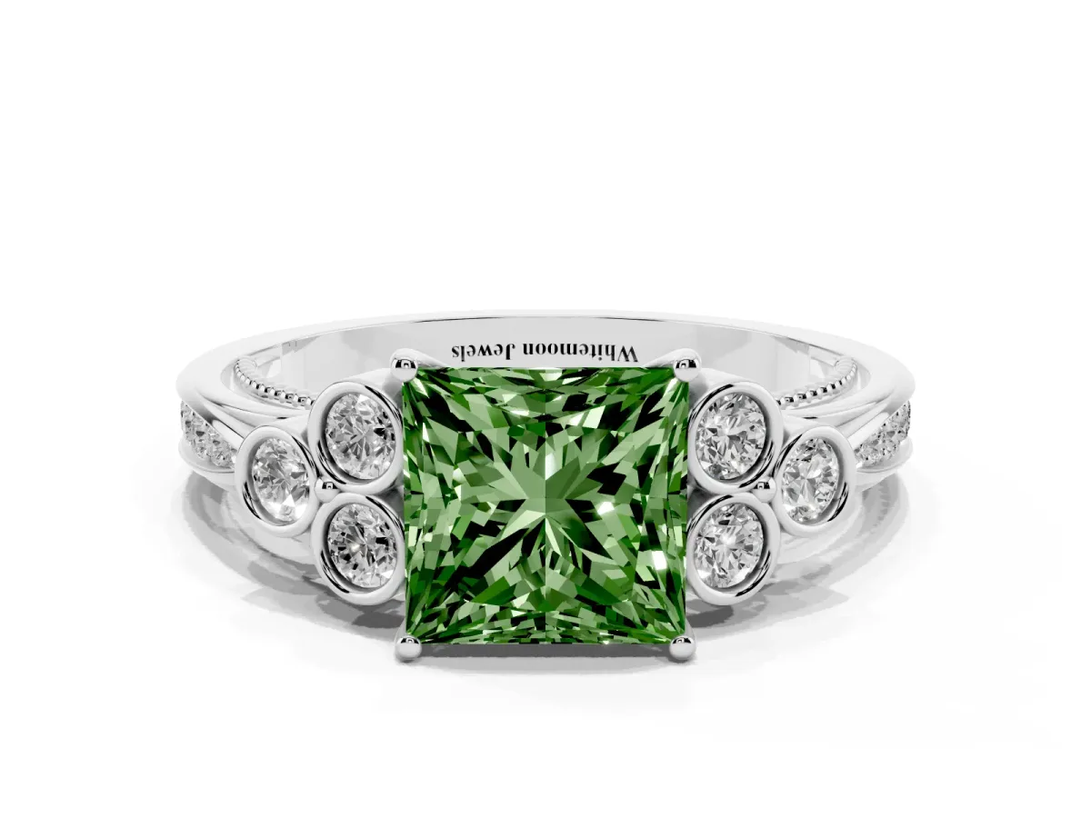 Fancy Green Princess Cut Cut Diamond Engagement Ring with Bezel Set Round Side Stones and Prong Setting Silver