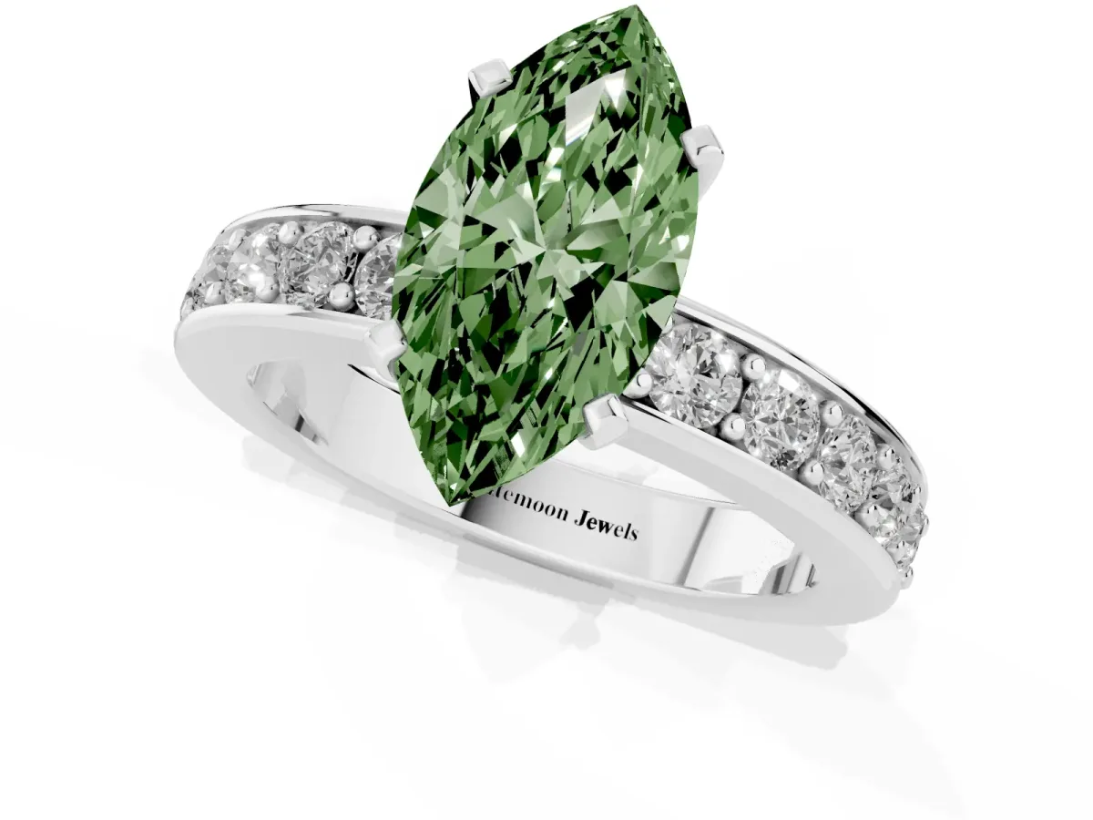 Fancy Green Marquise Cut Diamond Engagement Ring with Channel Set Round Band and Prong Setting White gold