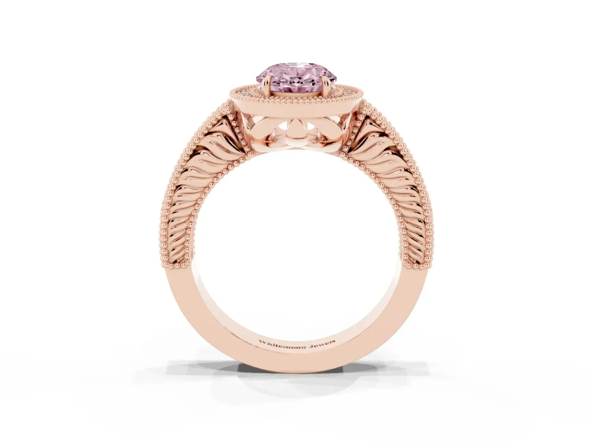 Fancy Pink Oval Cut Cut Halo Diamond Ring with Pavé Band and Four-Prong Setting Rose gold